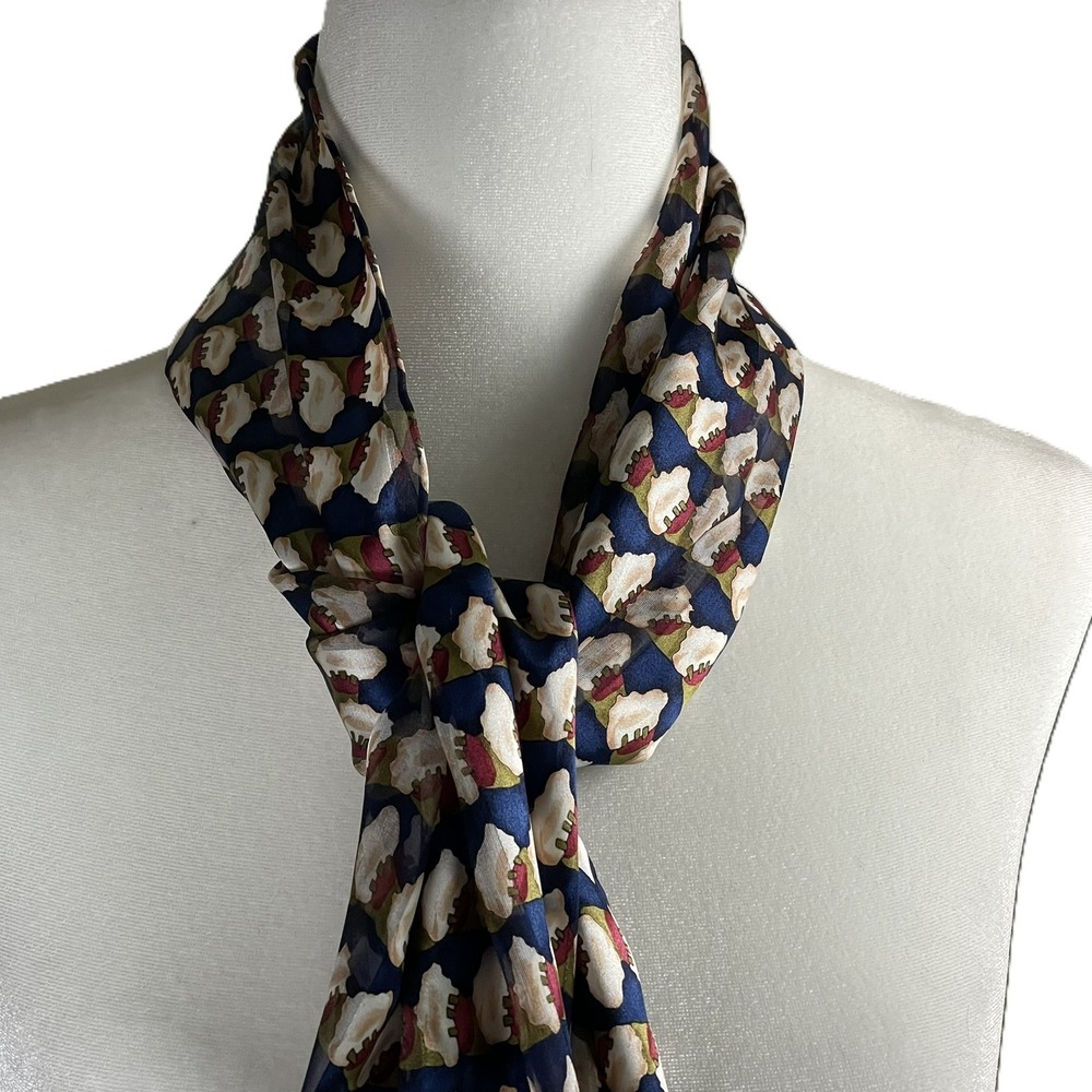 Vintage Style 100% Silk Abstract Geometric Print Scarf Navy Blue Cream 64x13 - Picture 3 of 12